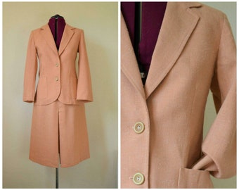 1970's linen vintage suit peach pink blush blazer a line skirt 70s does 40s S