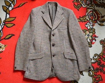 Vintage jaren 60/50 heren pied-de-poule sportjas//Harris tweed wollen blazer wenkbrauw beige crème retro kwaliteit keurig herenkleding Schots M