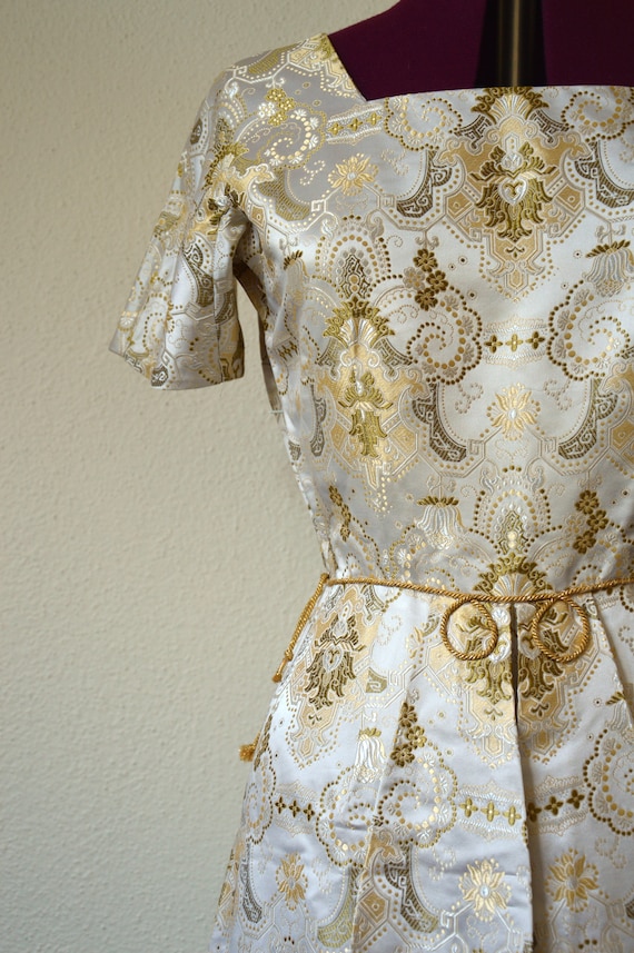 white and gold brocade dress 1960s Hong Kong Gold Cherry Blossom Floral Brocade Cocktail Dress and Coat main image 0