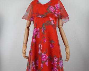 Vintage 1970's RED floral dress // sheer CHIFFON ruffle purple pink flowers midi A-LINE cottage core / pretty feminine floaty frill ruffle L