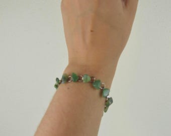 Vintage 1970s 60s silver tone green stone bracelet / natural polished stone JADE look aventurine unique jewelry collectable GIFT for her