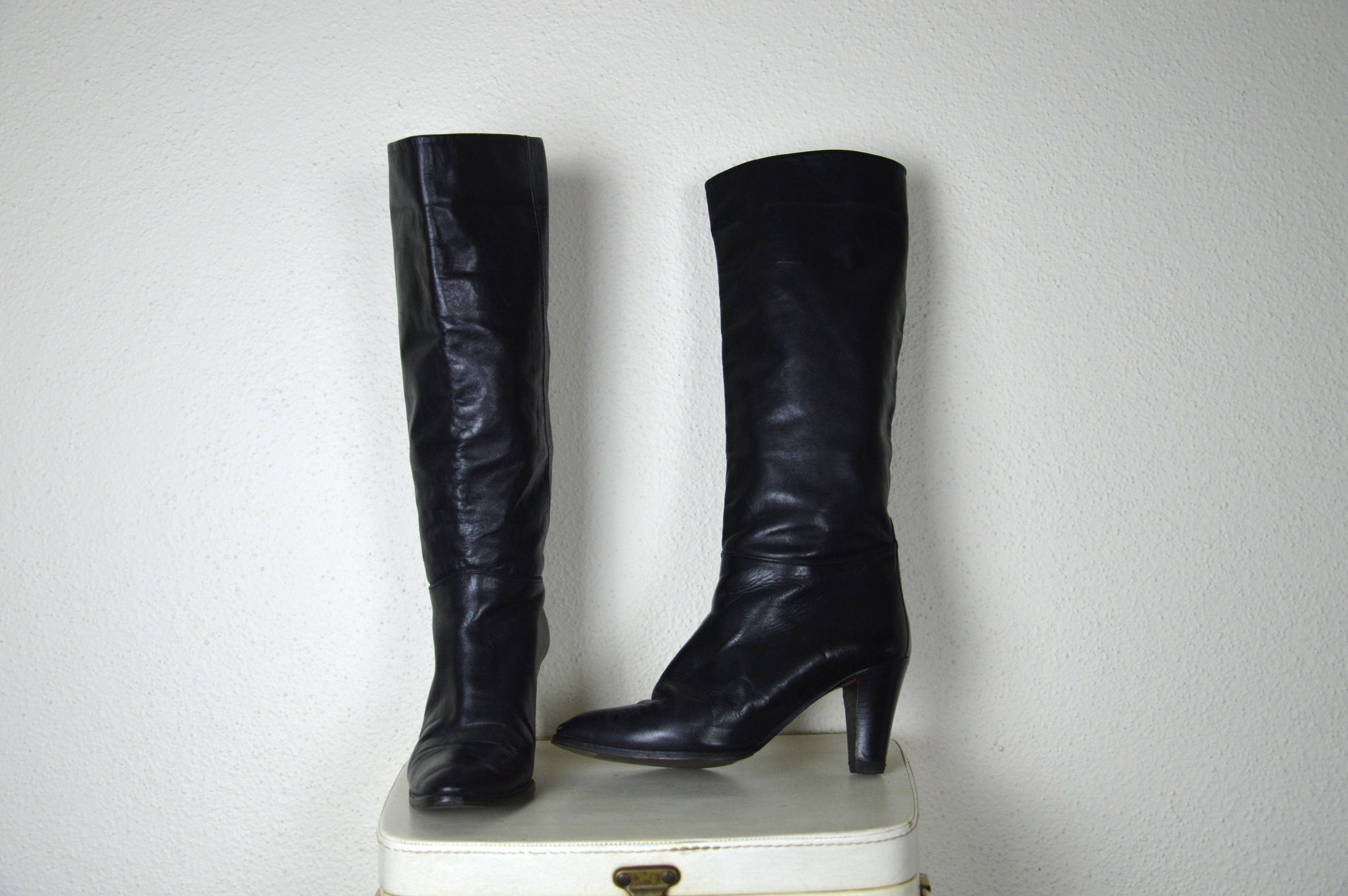 Vintage 1980's black leather knee high boots western 70s 80s tall…