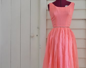 Vintage 1950&#39;s Gina of Melbourne coral silk rhinestone cocktail dress XS