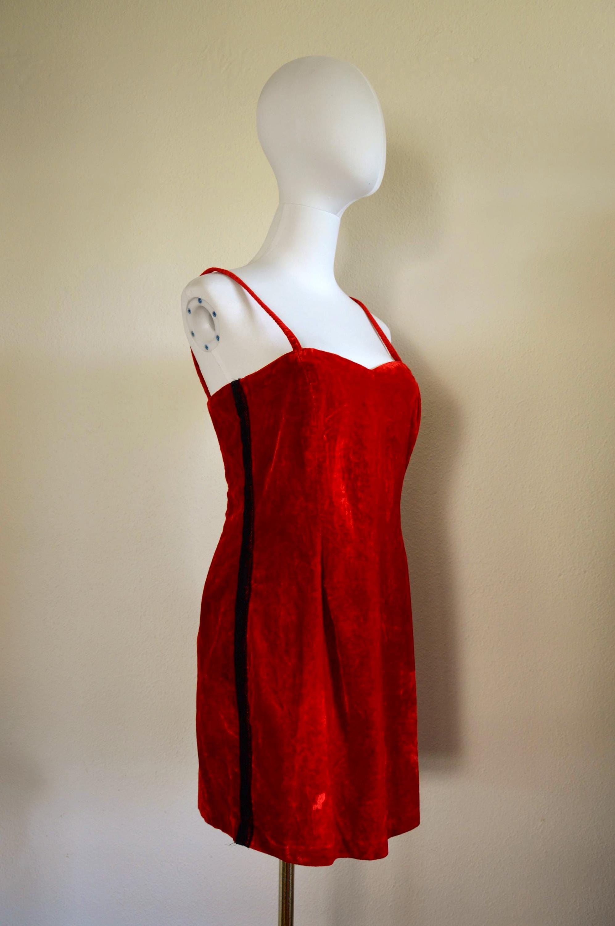 Vintage 1990s Red Velvet Mini Dress // Short Fitted Body Con 80s Party LACE Whimsical Glamour Strappy Square Neck PROM Formal Bombshell S