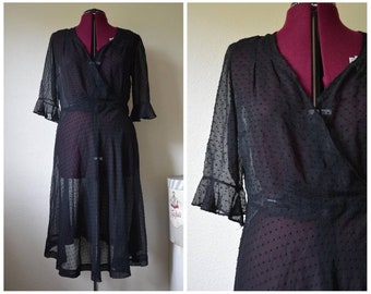 Vintage 1940s black sheer dress // polka dot fit and flare 50s flutter sleeve dress // M L 12