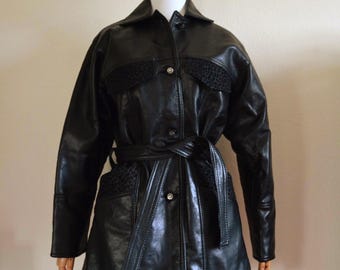 Vintage 1990s black leather jacket // trench Italian leopard belted mid length coat // quilted lining 2000s Y2K winter classic statement S M