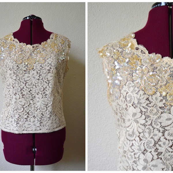 Vintage 1960's cream lace sequin top // off white beige white beaded top sleeveless evening cocktail blouse //  S M