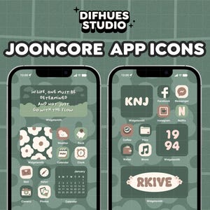 Può includere: Due schermi di smartphone che mostrano icone di app personalizzate con un tema verde e bianco. Lo schermo di sinistra mostra un motivo floreale e una citazione, mentre lo schermo di destra presenta etichette di app come Facebook e Netflix. Il testo "JOONCORE APP ICONS" è in alto.