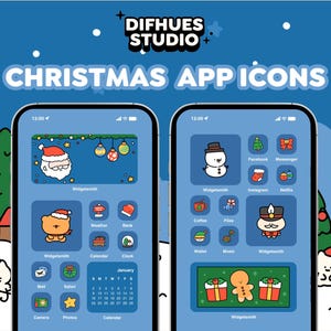 May include: Two smartphone screens displaying a digital theme titled DIFHUES STUDIO CHRISTMAS APP ICONS. The interface features blue backgrounds with festive graphics including Santa Claus, a snowman, a gingerbread man, and various holiday-themed icons.