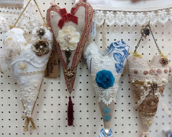 Hand-crafted Vintage style shabby chic fabric Hanging Hearts