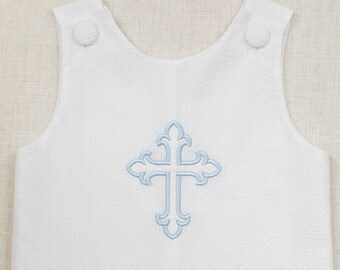 Embroidered Cross Seersucker Jon Jon, Baby Boy Baptism Outfit