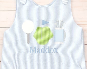 Personalized Golf Applique Seersucker Jon Jon Outfit