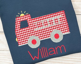 firetruck appliqué design navy blue boy shirt personalized