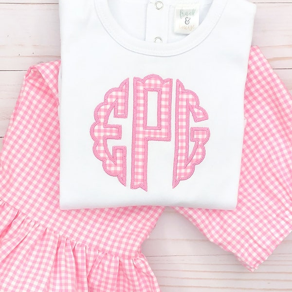 baby girl toddler pink gingham appliqued monogram outfit, shirt, bodysuit, matching ruffle pants, shorts, diaper cover