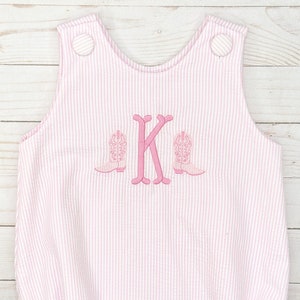 Pink Monogram Seersucker Bubble, Pink Cowboy Boots Outfit, First Rodeo Party Theme, Baby Girl Monogram Bubble, Pink Cowgirl Outfit