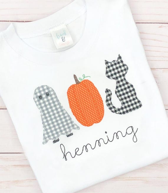 Personalized Halloween shirt for kids, Ghost Pumpkin Cat Applique Shirt, Embroidered Halloween Shirt, Girls Boys Fall Shirt