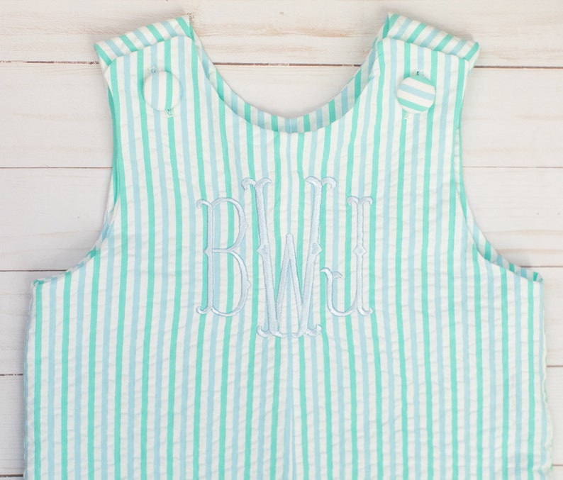 monogram jon jon blue seersucker fishtail embroidered monogram shortall romper blue seersucker turquoise seersucker jonjon john john summer