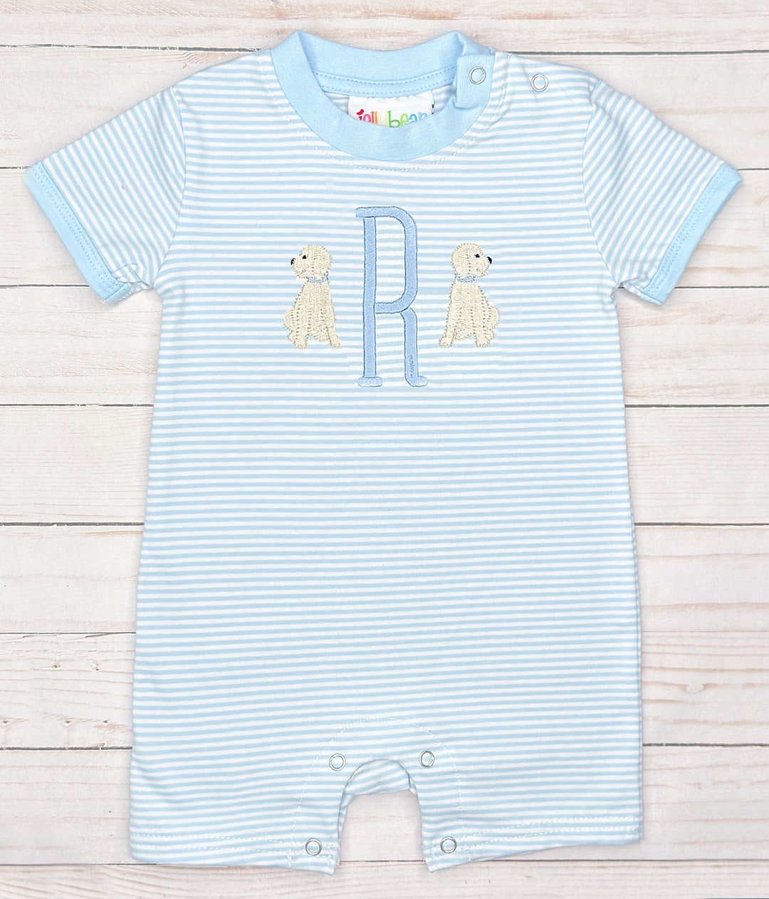 Claire & Charlie Toddler Boys Light Blue Striped Shirt - Labrador Dog in Pocket