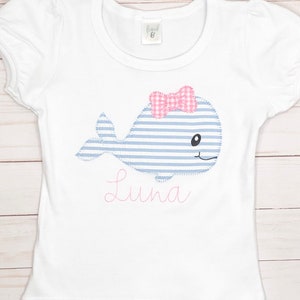 baby girl toddler blue seersucker appliquéd whale with pink bow with ruffle shorts, bloomers, diaper cover