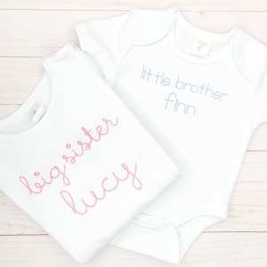 sibling big sister big brother little sister little brother hospital going home outfits with personalized names on shirts and bodysuits