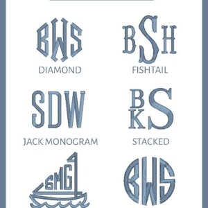 Pode incluir: Um gr&aacute;fico mostrando diferentes estilos de monogramas para meninos. Os estilos incluem Diamante, Cauda de peixe, Monograma Jack, Empilhado, Veleiro e C&iacute;rculo.