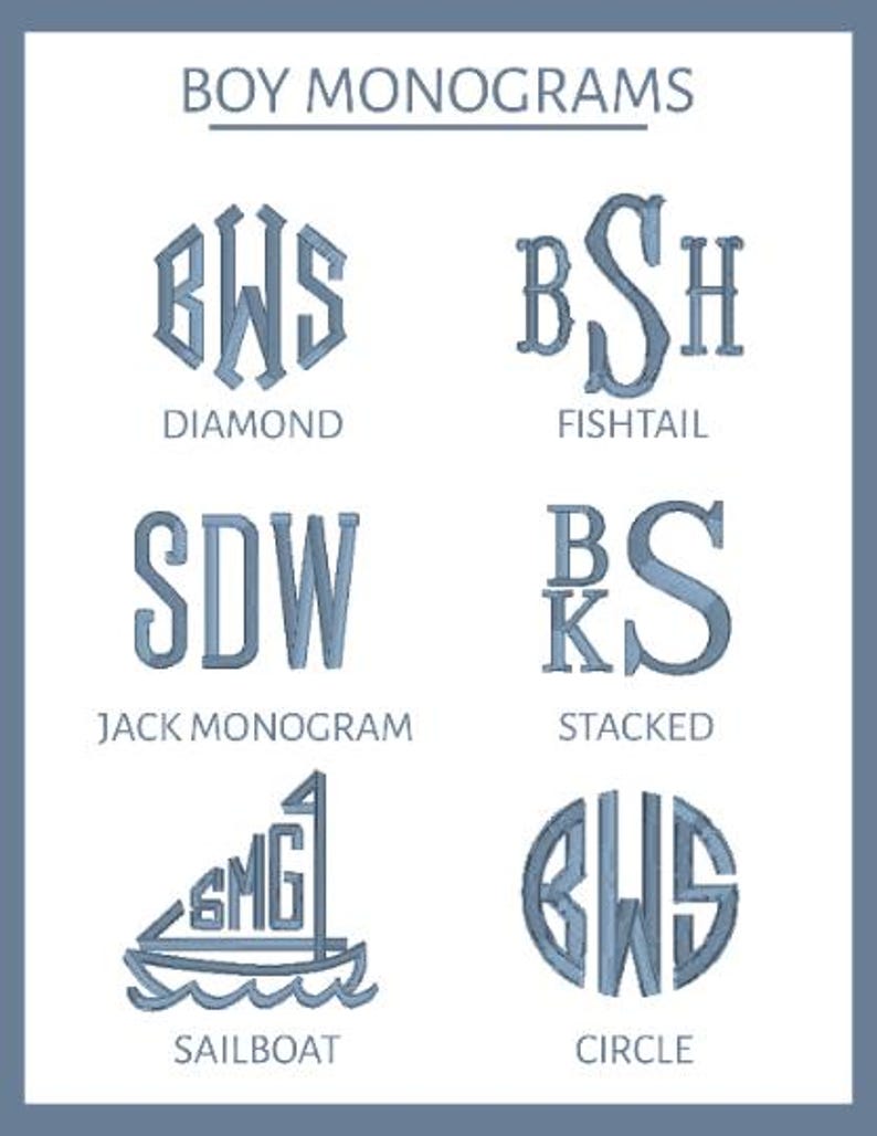 Pode incluir: Um gr&aacute;fico mostrando diferentes estilos de monogramas para meninos. Os estilos incluem Diamante, Cauda de peixe, Monograma Jack, Empilhado, Veleiro e C&iacute;rculo.
