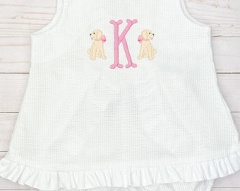baby girl toddler white seersucker sunsuit, bloomers, embroidered puppy dogs, golden retrievers, personalized with initial
