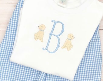 Little boy toddler puppy dog monogram fishtail initial shirt, bodysuit, yellow lab embroidery t-shirt, personalized