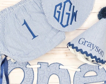 Embroidered 1st Birthday Banner, Hat, Bib and Diaper Cover Set