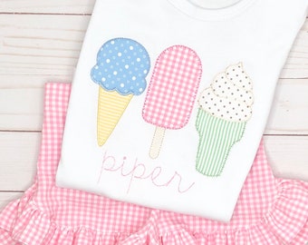 baby girl toddler pink gingham appliquéd ice cream trio personalized t-shirt, bodysuit & matching ruffled shorts, bloomers, diaper cover