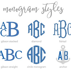 Pode incluir: Um gr&aacute;fico mostrando diferentes estilos de monogramas, incluindo "gibson stacked", "diamond", "fishtail", "gibson straight", "circle monogram" e "anchor".