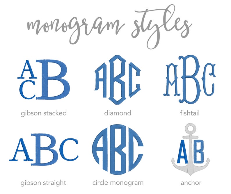 Pode incluir: Um gr&aacute;fico mostrando diferentes estilos de monogramas, incluindo "gibson stacked", "diamond", "fishtail", "gibson straight", "circle monogram" e "anchor".