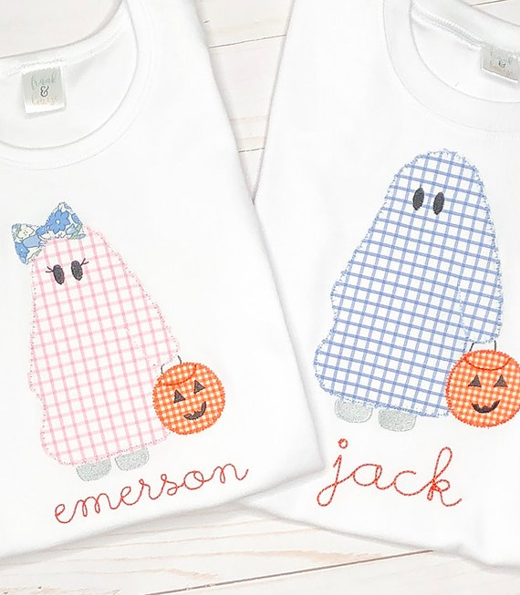 Personalized Halloween Shirt for Kids, Ghost and Pumpkin Applique Shirt, Embroidered Toddler Halloween Shirt, Boy Girl Halloween Bodysuit