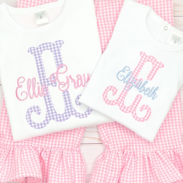 pink ginhgam monogram appliqué outfit baby girl ruffle pants pink 1st birthday custom shirt matching big sister summer spring easter t-shirt