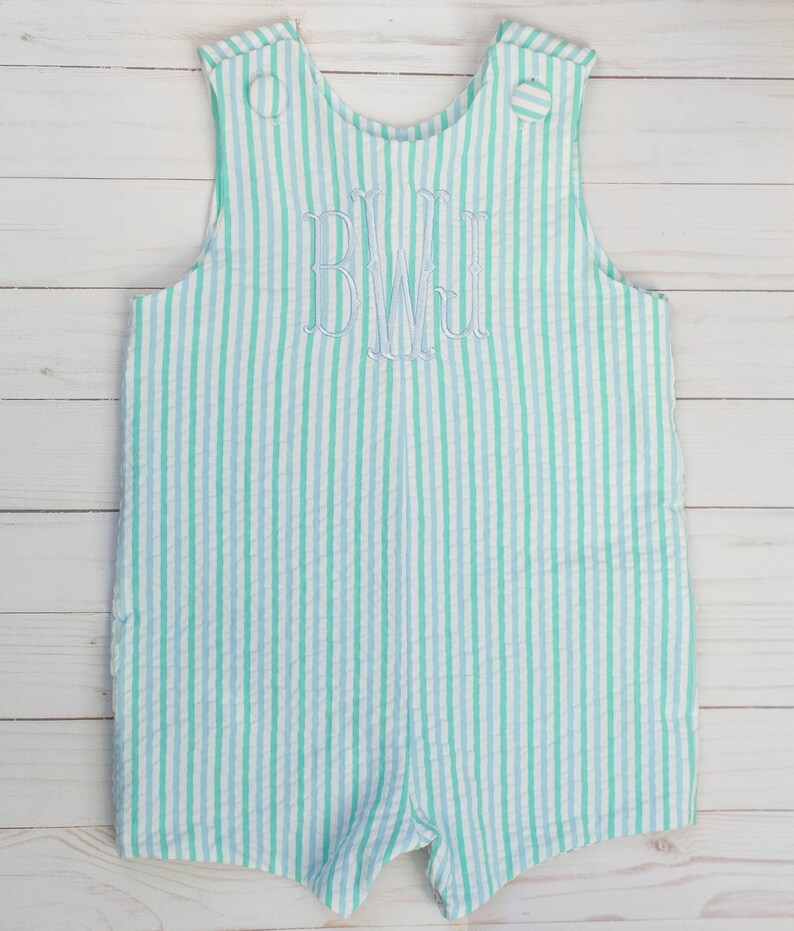 monogram jon jon blue seersucker fishtail embroidered monogram shortall romper blue seersucker turquoise seersucker jonjon john john summer