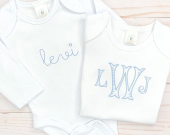 baby boy newborn coming home bodysuit with embroidered name, monogram hospital outfit, baby shower gift