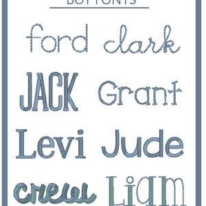 Pode incluir: Um gr&aacute;fico mostrando diferentes estilos de fonte para os nomes Ford, Clark, Jack, Grant, Levi, Jude, Crew e Liam. O texto est&aacute; em azul e o fundo &eacute; branco.