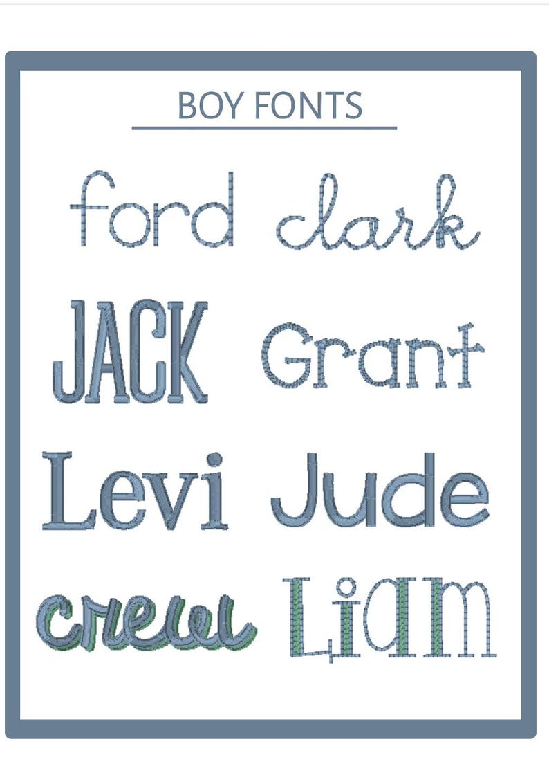 Pode incluir: Um gr&aacute;fico mostrando diferentes estilos de fonte para os nomes Ford, Clark, Jack, Grant, Levi, Jude, Crew e Liam. O texto est&aacute; em azul e o fundo &eacute; branco.