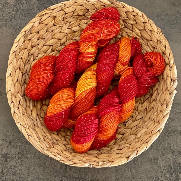 FIRE, Hand Dyed Wool, Hand Dyed Yarn, dyed with acid dyes, as a skein or wrapped, 4 ply, Merino, 6 ply, Glitter, Tweed