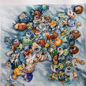 May include: Watercolour painting of a collection of seashells in various colours, including orange, brown, green, and blue. The shells are arranged on a light blue and grey background, creating a natural and artistic composition.