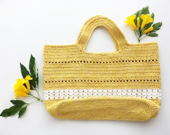 Yellow crochet rope bag, Crochet market bag, Crochet beach bag, Handmade summer bag, Boho handbag, Crochet purse, Tote bag, Cotton rope bag