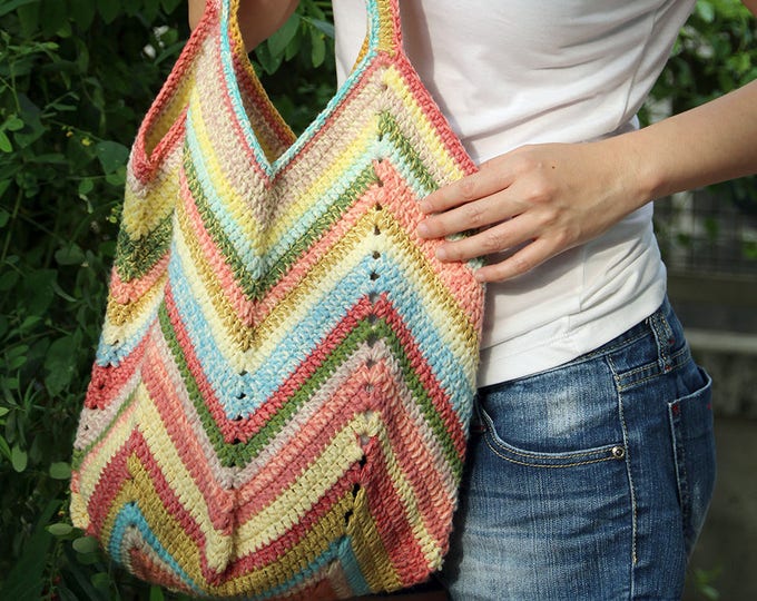 Crochet Beach Bag Crochet Market Bag Multicolor Crochet Bag - Etsy