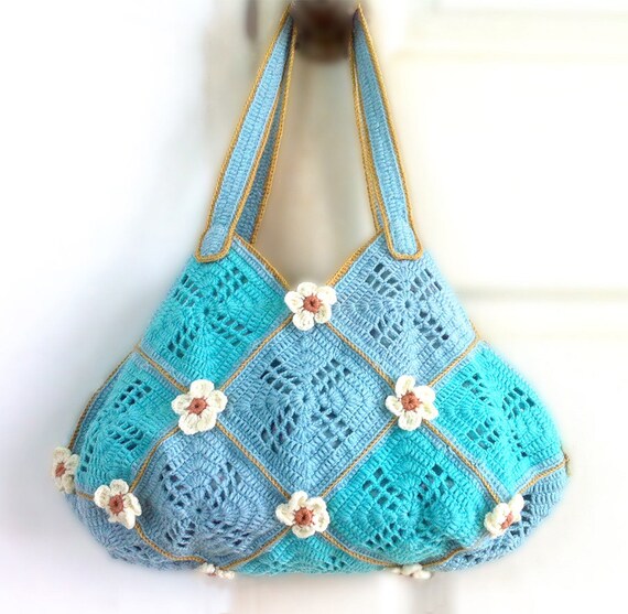 Blue crochet granny squares bag Crochet handbag with flowers | Etsy