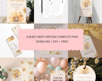 May include: A printable set of digital files for a bear-themed first birthday party. The set includes a time capsule, invitations, thank you tags, a sign, and a custom sign. The design features a cute cartoon bear with yellow flowers and a honeycomb pattern.