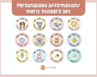 60 pcs x Teacher Personalised Name - Cute Animal Theme - Student Kids Affirmation Name Label | Stickers