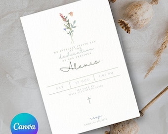 Bewerkbare babytoewijding, doopuitnodiging, doopuitnodiging bloemen, sjabloon-canvasjabloon, instant download