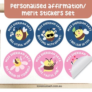 60 piezas x Nombre personalizado para maestro - Tema de abeja musical - Etiqueta / pegatinas con nombre de afirmación para estudiantes y niños