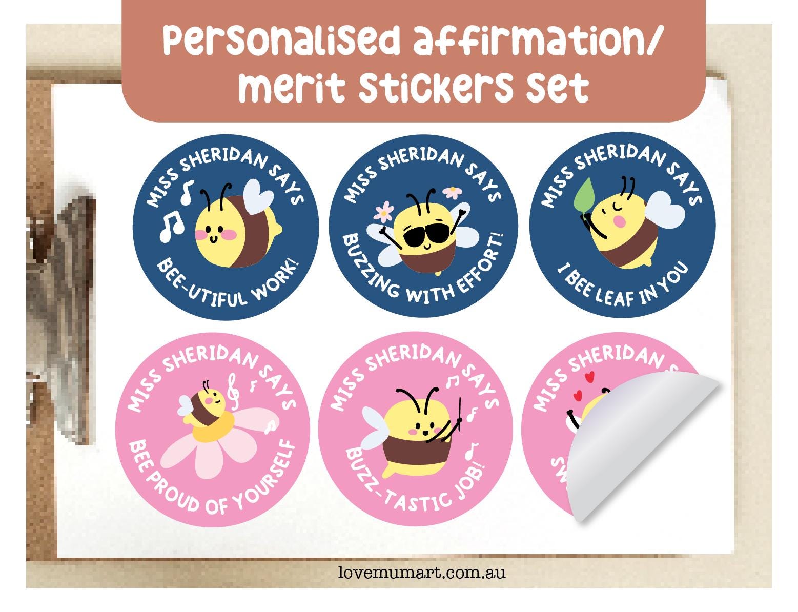 60 pcs x Teacher Personalised Name - Music Bee Theme - Student Kids Affirmation Name Label | Stickers