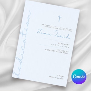 May include: A light blue invitation card with a cross at the top and the text "WE JOYFULLY INVITE YOU TO THE DEDICATION OF OUR PRECIOUS Zion Isaih SATURDAY 06 OCT | 2-3PM 123 FAKE ST MAIN CITY STATE 54321 sup EMMA | 61-234-5678"