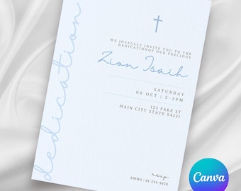May include: A light blue invitation card with a cross at the top and the text "WE JOYFULLY INVITE YOU TO THE DEDICATION OF OUR PRECIOUS Zion Isaih SATURDAY 06 OCT | 2-3PM 123 FAKE ST MAIN CITY STATE 54321 sup EMMA | 61-234-5678"